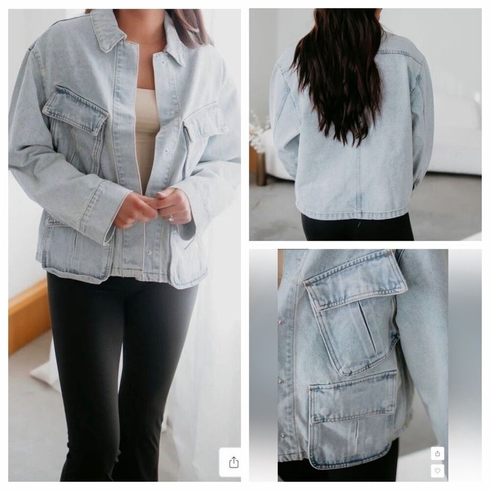 Veveret Denim Utility Jean Jacket Light Wash Oversized Cargo Pockets Size Large